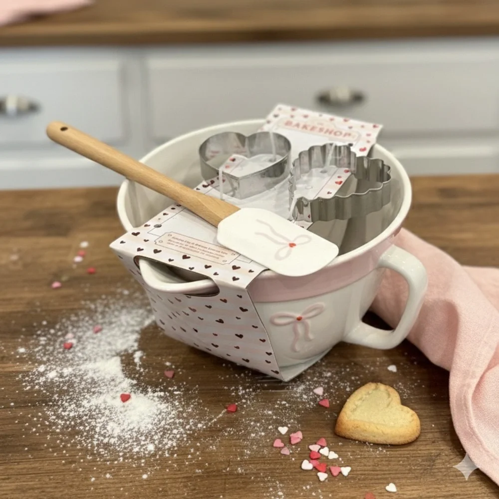 The Bakeshop Bow Ceramic Mixing Bowl Set with spatula, cookie cutters &‎ recipe.